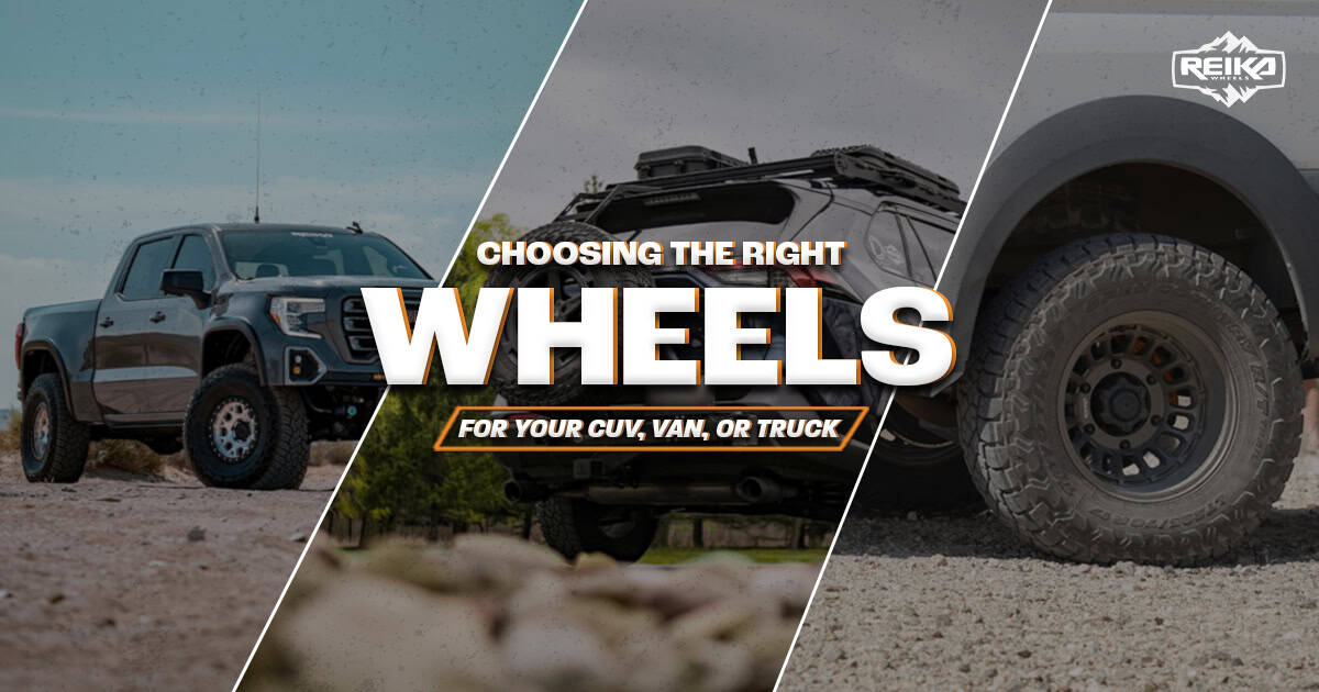 choosing the right off road wheel for your van, truck, cuv vehicle. A truck, a van, and a crossover vehicle all out in the off road terrain.