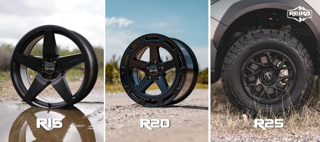 REIKA-cuv-overview-graphic - Reika Wheels 3 crossover CUV wheels shown in the desert off roading.