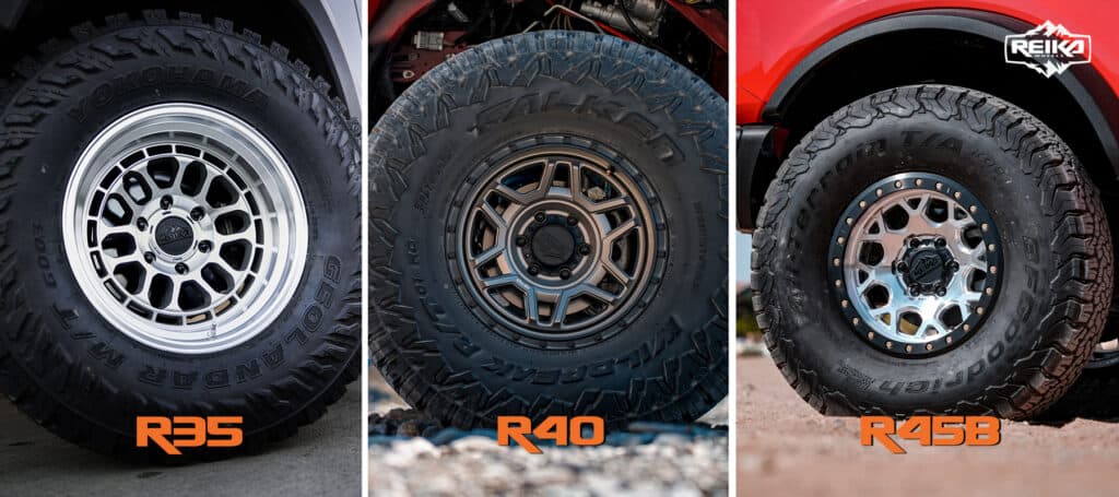 REIKA-trucks-overview-graphic - Reika Wheels 3 truck wheels shown in the desert off roading. Machined truck wheel, bronze truck wheel, beadlock wheel off roading.