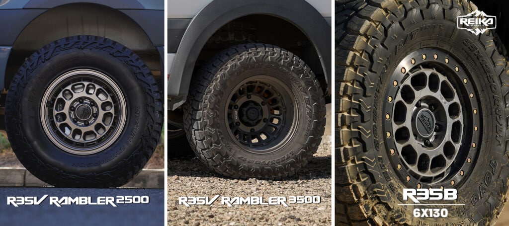 REIKA-van-overview-graphic - Reika Wheels 3 Sprinter van and ineos grenadier wheels shown in the desert off roading. Overlanding and adventure.